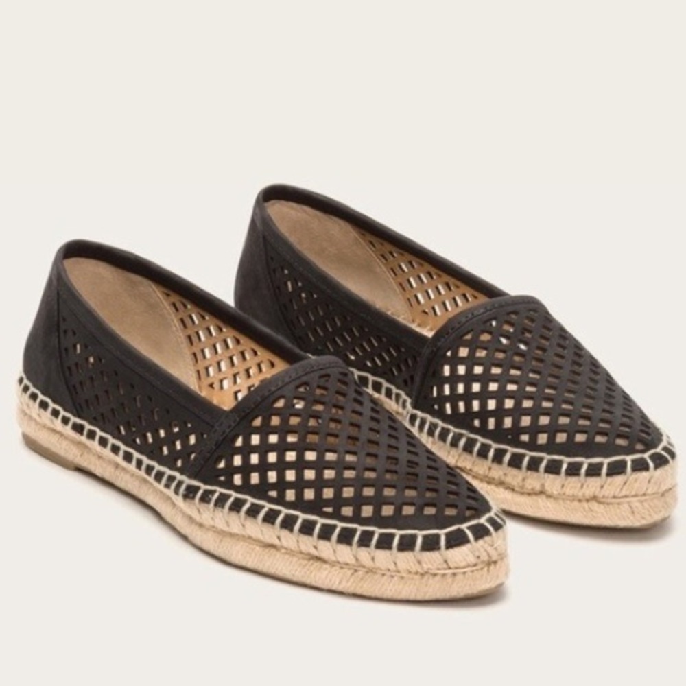 Frye Lee A Line Black Nubuck Leather Perforated Slip On Espadrille Flats Sz 6.5